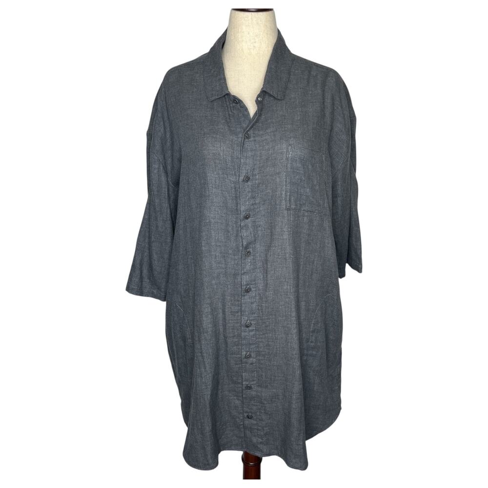 Eileen Fisher Women's Shirt Dress L Organic Cotton Gray Hi Lo Tunic 3/4 Sleeve